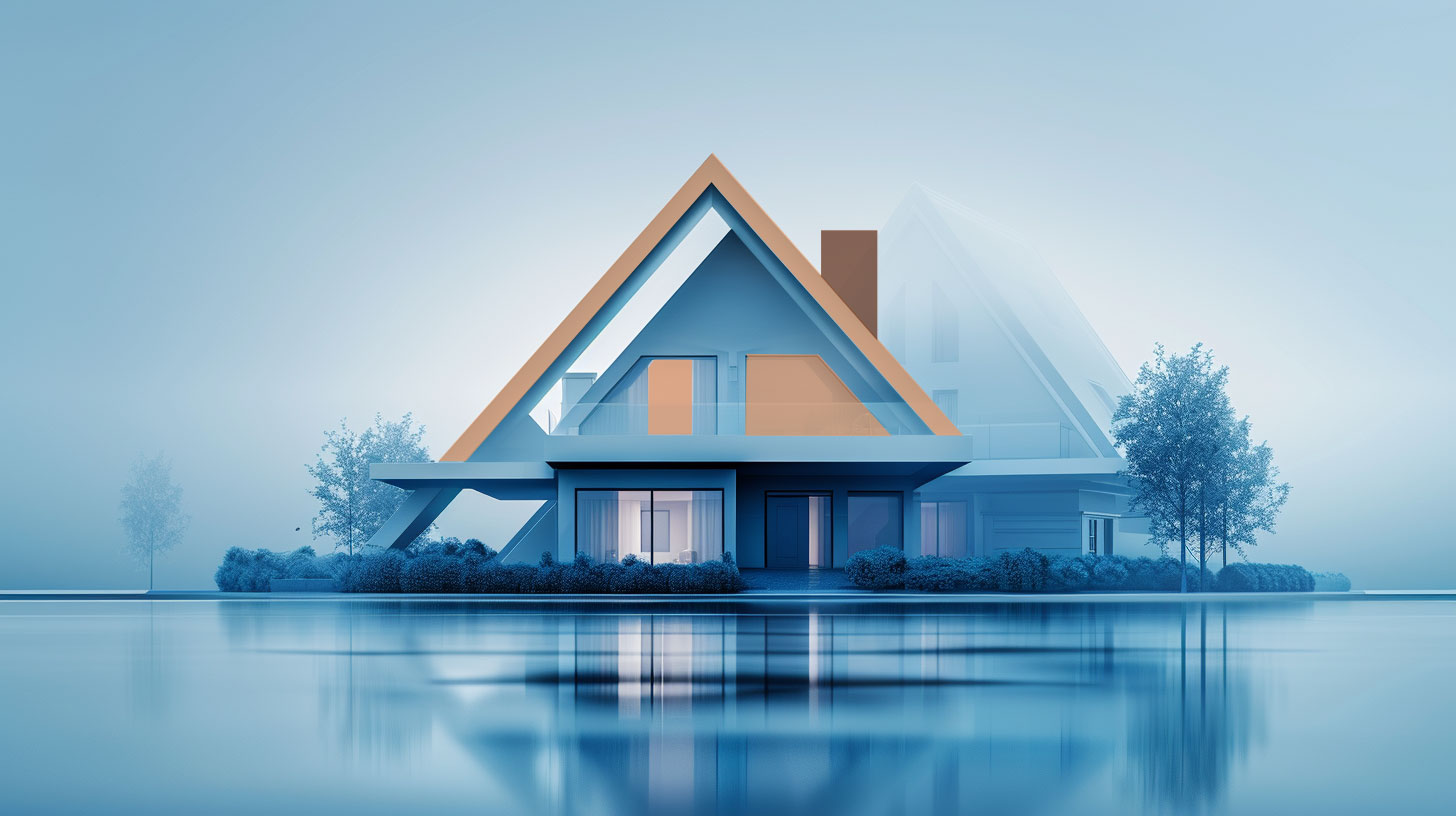 aframe home on a lake with trees. stylized